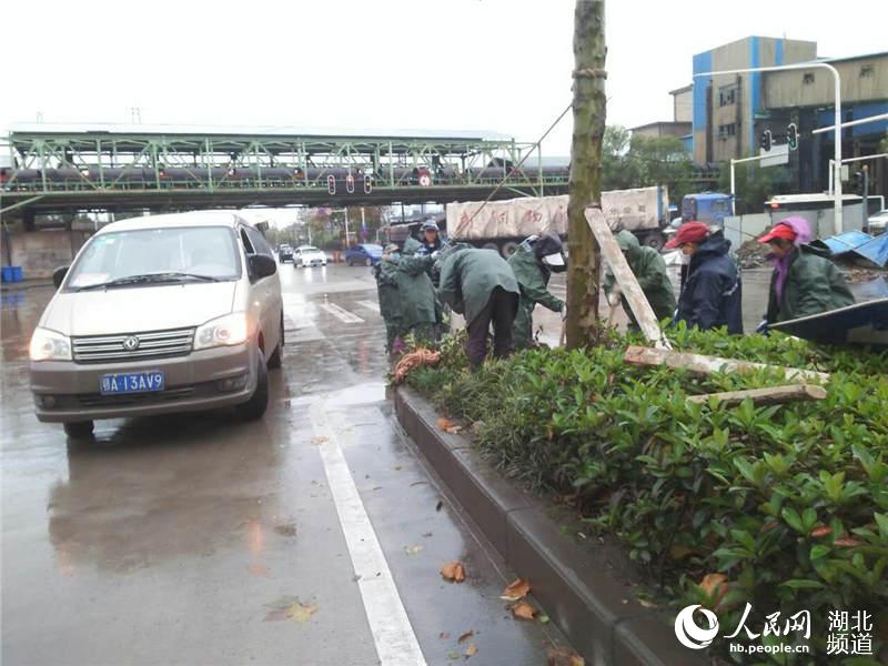 化工區(qū)城管局綠化養(yǎng)護(hù)工人在焦沙路扶正樹(shù)木